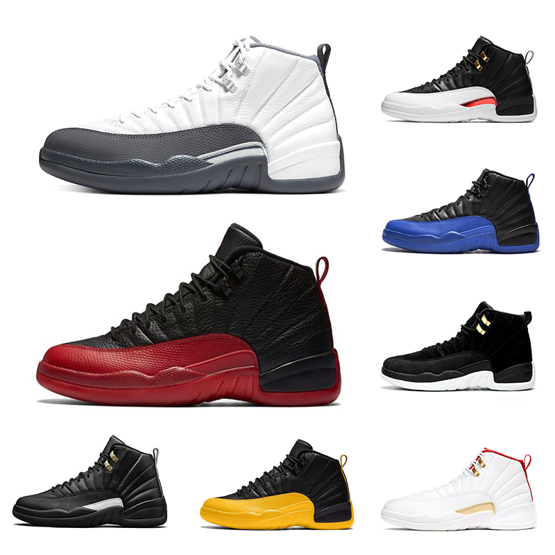 

12 12s Men Basketball Shoes Dark Grey FIBA Flu Game Midnight Black Reverse Taxi Black Mens Trainers Sports Sneakers Size 40-47, White grey