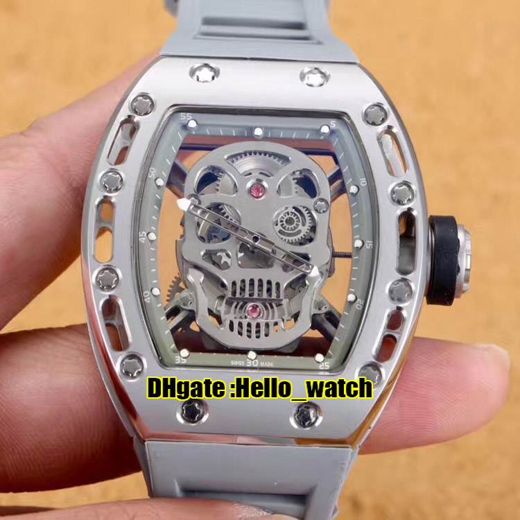 

43mm RM052 Watches Skeleton Silver Skull Head Dial Miyota Automatic Mens Watch 316L Steel Case 052 Gray Rubber Strap Sport HWRM Hello_Watch 6 Color, G14d (3)