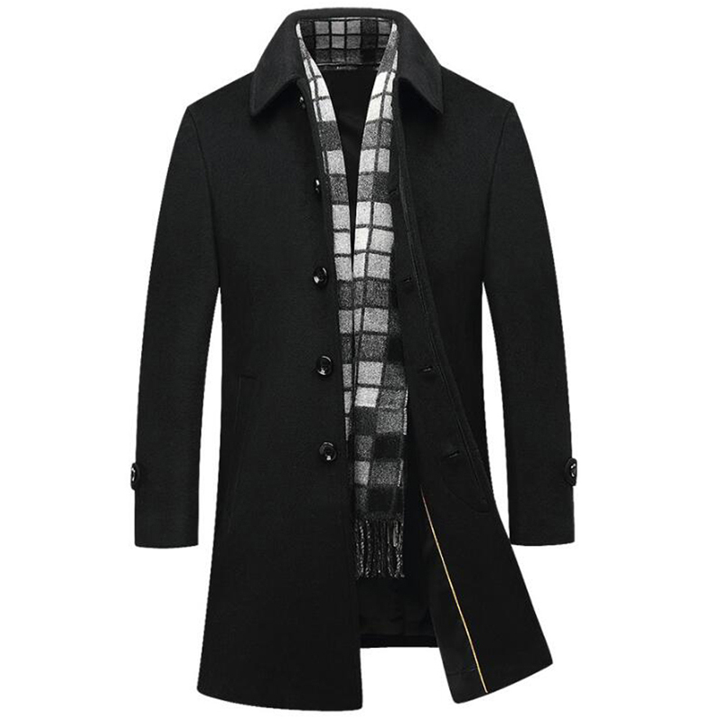 

Long Wool Coat Men Fashion Pea Coat Jacket Wool Blends Slim Cotton Winter Jackets Mens Woolen Overcoat Abrigo Hombre, Black