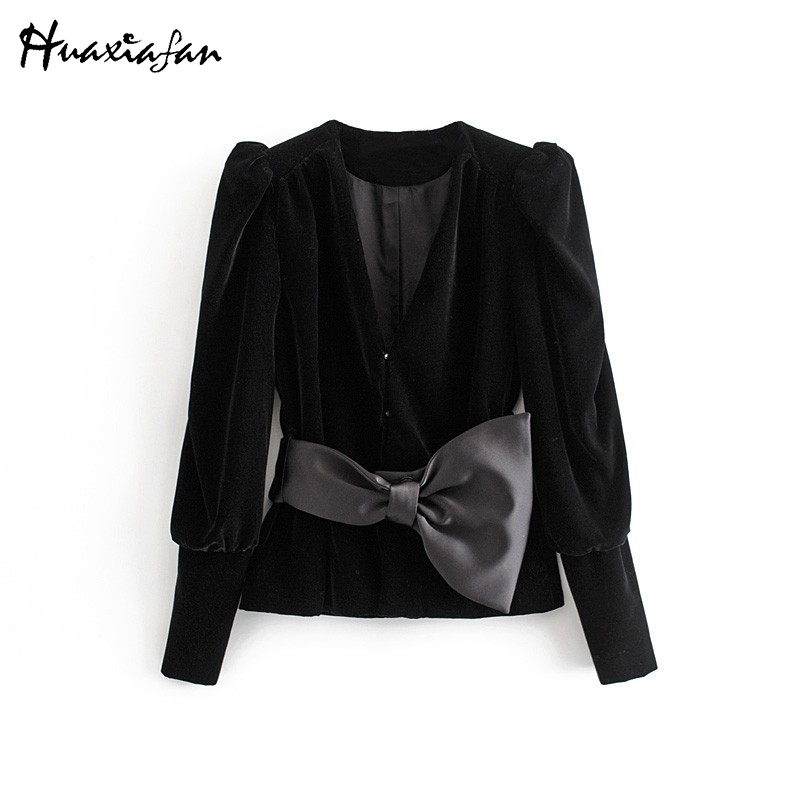 

Huaxiafan women shirt deep V neck sexy tops bow tie belt solid black female elegant long sleeve shirt autumn winter office lady