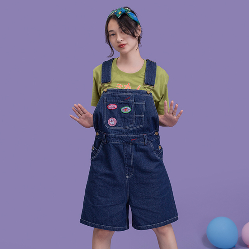 

Summer New Design Casual Loose Women Basic Denim Overalls Shorts Dark Blue Jumpsuit Rompers Womens Playsuit Cartoon Patch