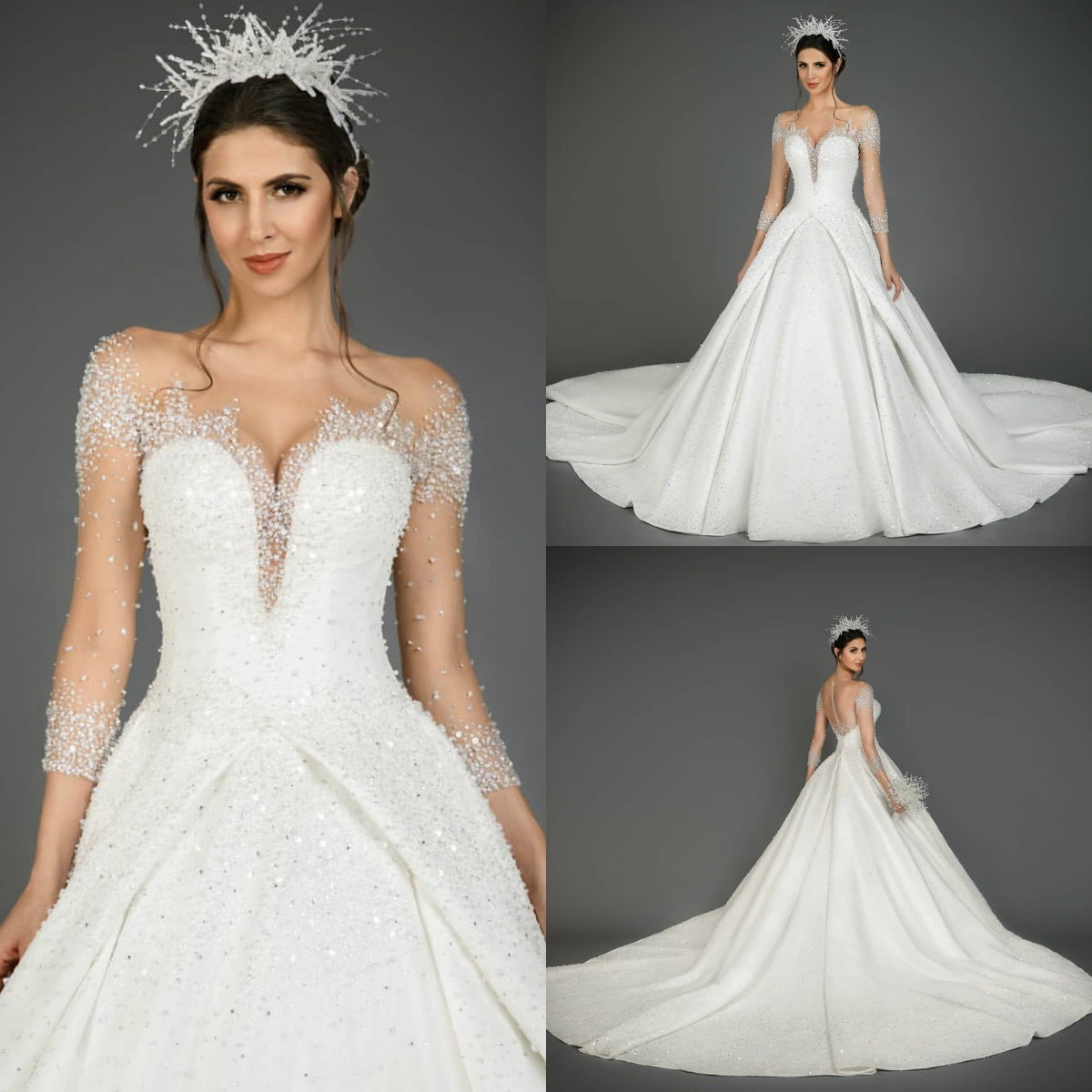 

2020 Arabic Cathedral Wedding Dresses A Line Lace Sequins Beads 3/4 Long Sleeve Wedding Dress Sweep Train Plus Size Country Bridal Gowns, Royal blue