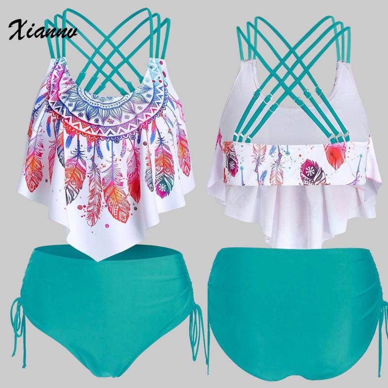 

Women Bikinis 2020 Feather Print Push-Up Padded Overlay Flounce Crisscross Tankini Swimwear Bandage Printed gathered swimsuit