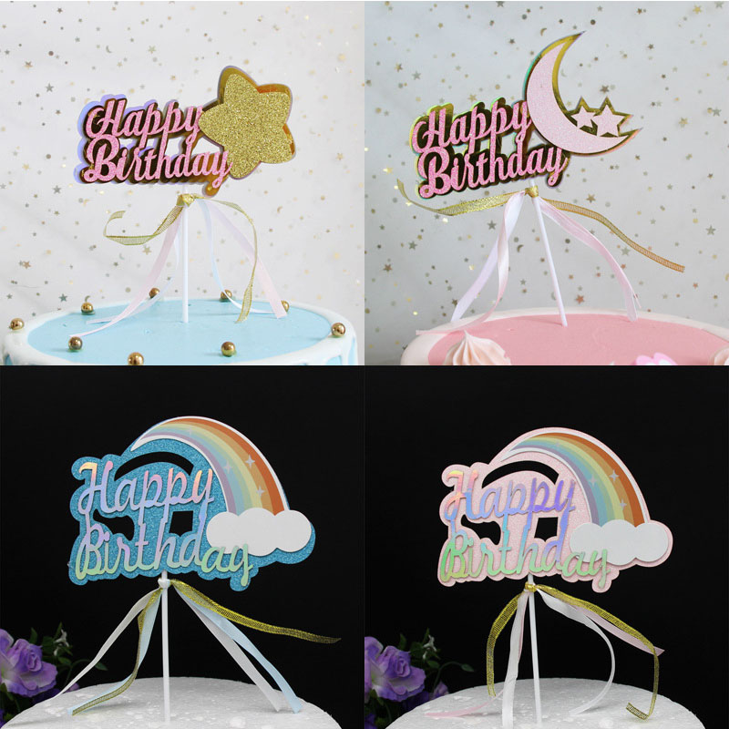 

1Pc Rainbow Happy Birthday Cake Topper Happy Birthday Moon Star Cake Toppers Baby Shower Decoration