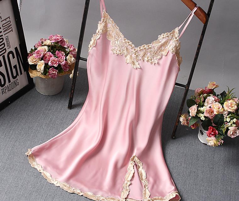 

2018 New Sexy Lace Satin Nightgown Beckless Nightdress Women Summer Silk Sleepwear Chemise Night Dress Nightshirt S923, Blue