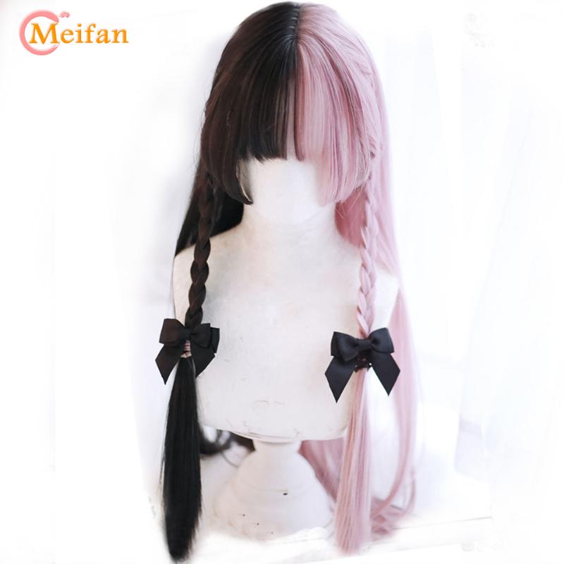 

MEIFAN Long Wavy Ombre Black White Pink Heat Resistant Synthetic Wigs for Women Halloween Cosplay Costume Wig