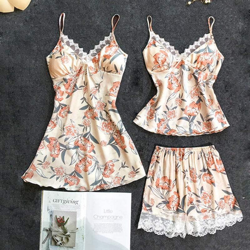 

Plus Size Nightwear Sleepwear 3Pcs Pajamas Set New Women Lace Satin Strap Top + Shorts Pajamas Set Clothes Summer Sleepwear #W, Black