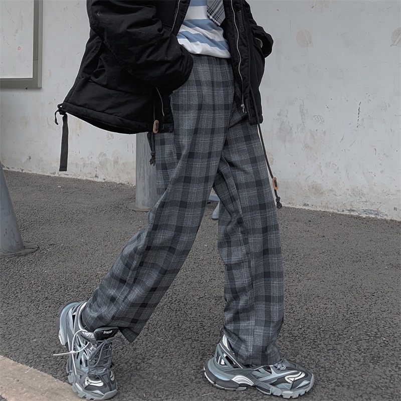 

Korean style ins elastic waist plaid high Capris pockets loose Women's Clothing wide leg pants streetwear full length Female, Gray