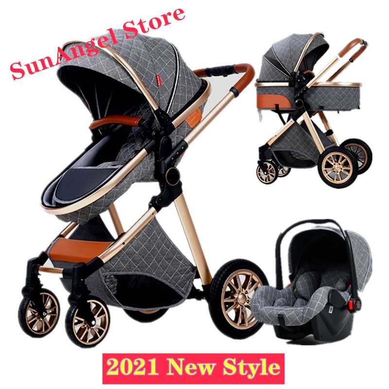 

3 in 1 Baby Stroller Royal Luxury Leather Aluminum Frame High Landscape Folding Kinderwagen Pram with Gifts Baby Carriage