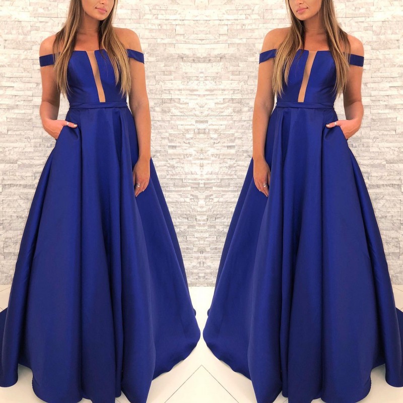 

Wholesale- Custom Made Royal Blue A Line Prom Dresses Off The Shoulder Satin Ruched Evening Gowns With Pockets, Gray
