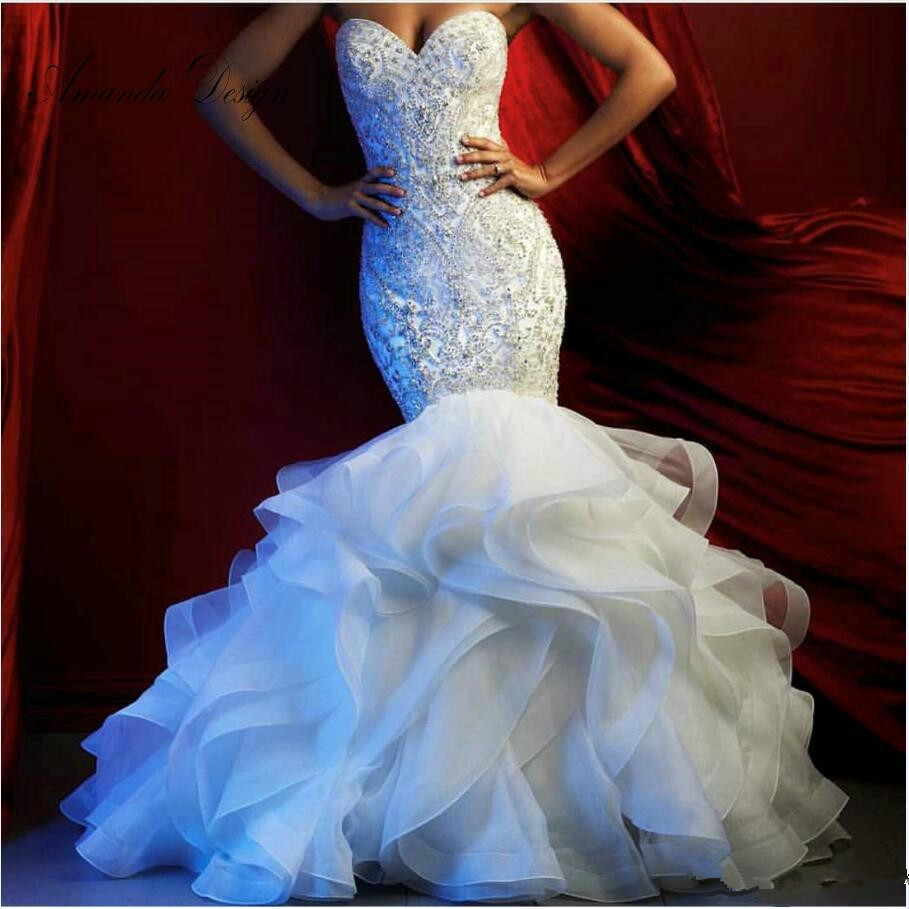 

2020 New Gorgeous Mermaid Beading Wedding Dresses Crystal Appliqued Sweetheart Neck Tiered Skirts Bridal Gowns Custom Made Robe De Mariée 97, Black