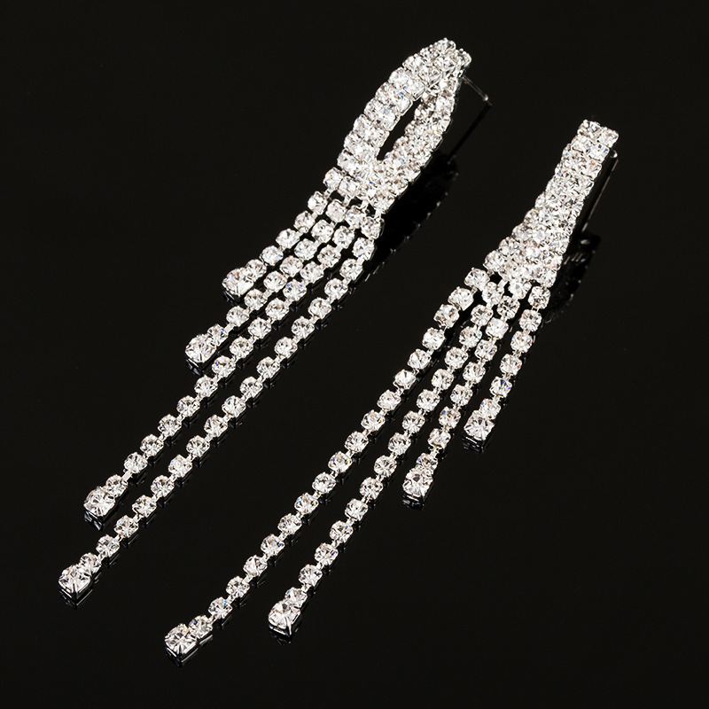 

Exaggeration Temperament Long Fund Rhinestone Tassels Earrings Bride Earring Full Dress Accessories