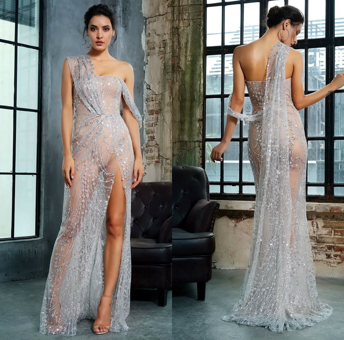 

Sexy One Shoulder Evening Dresses 2020 Sweep Train High Side Split Prom Dress Party Wear Custom Made Illusion Mermaid Robes De Mariée, Ivory