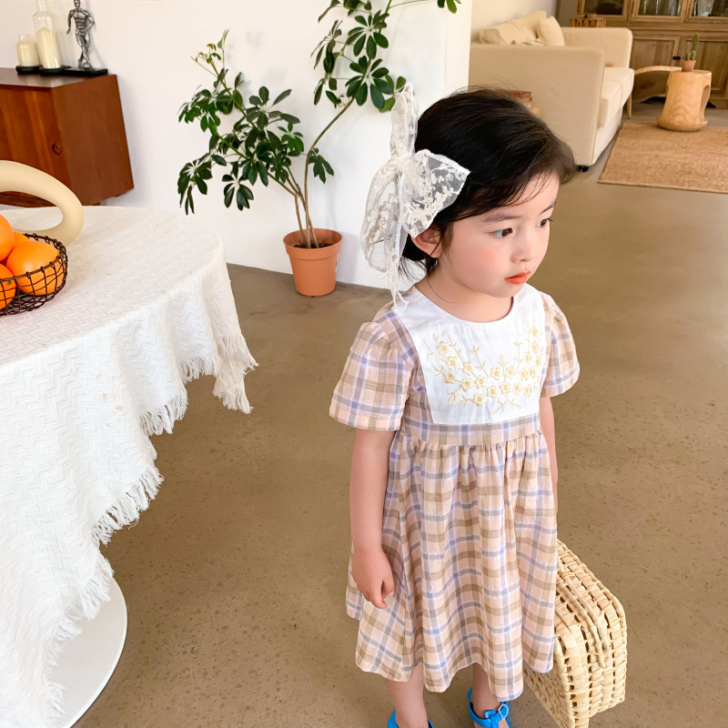 

Girls Dresses 2020 Summer New Girl Style Plaid Embroidered Short-sleeved Dress Korean Children's Princess Dress, Blue