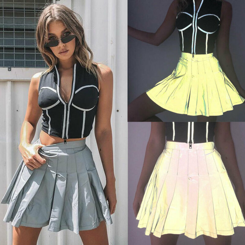 

Women Girl Pleated Skirt School Dress High Waist Skirt Short Mini Plaid, Gray