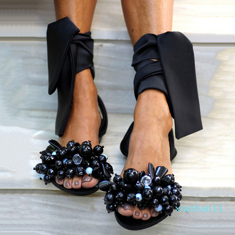 

Hot Sale- Summer 2020 Vintage Boho Sandals Women Beading Flat Sandals Women Bohimia Beach Shoes Plus Size Summer Fashion, Black