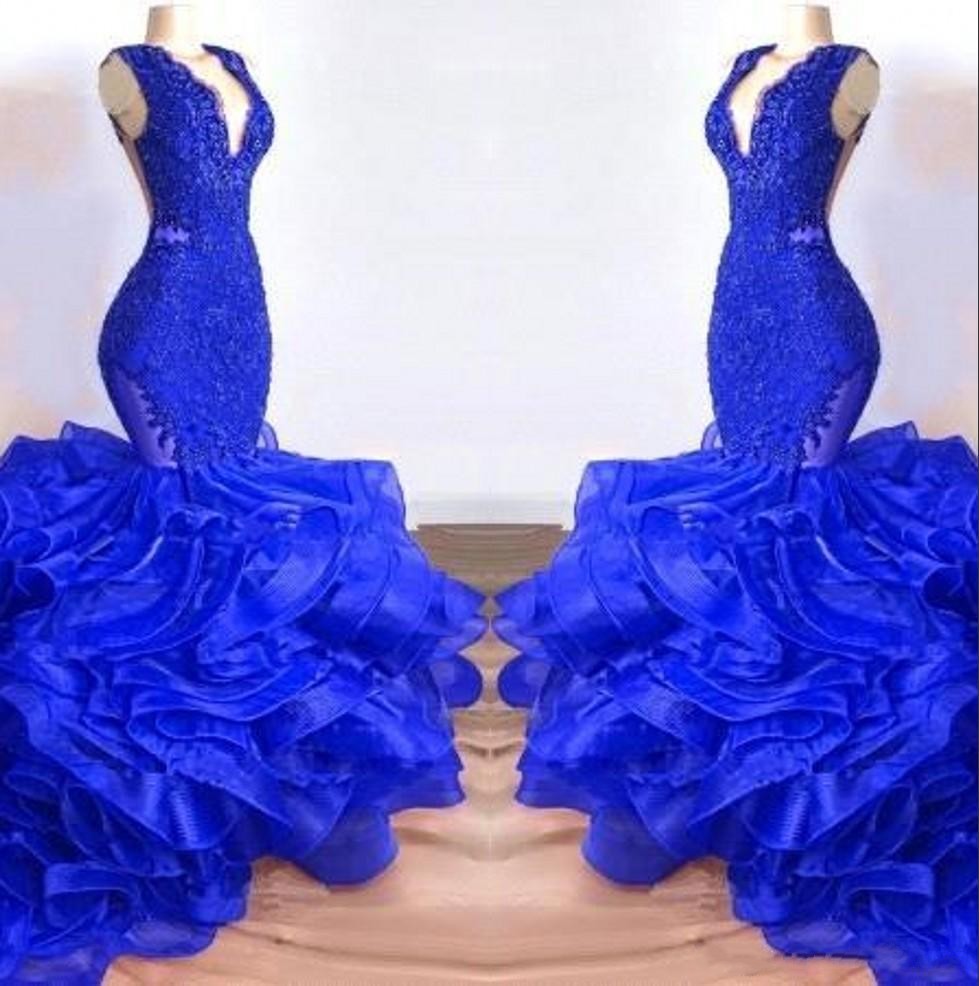 

Royal Blue V Neck Lace Long Mermaid Prom Dresses 2019 Organza Layered Ruffles Sweep Train Formal Party Evening Gowns, Dark red
