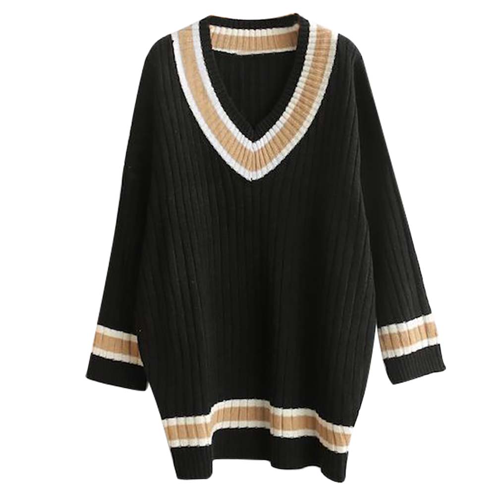 

2017 Autumn and winter new women V-neck long-sleeved striped pullover sweater, Khaki