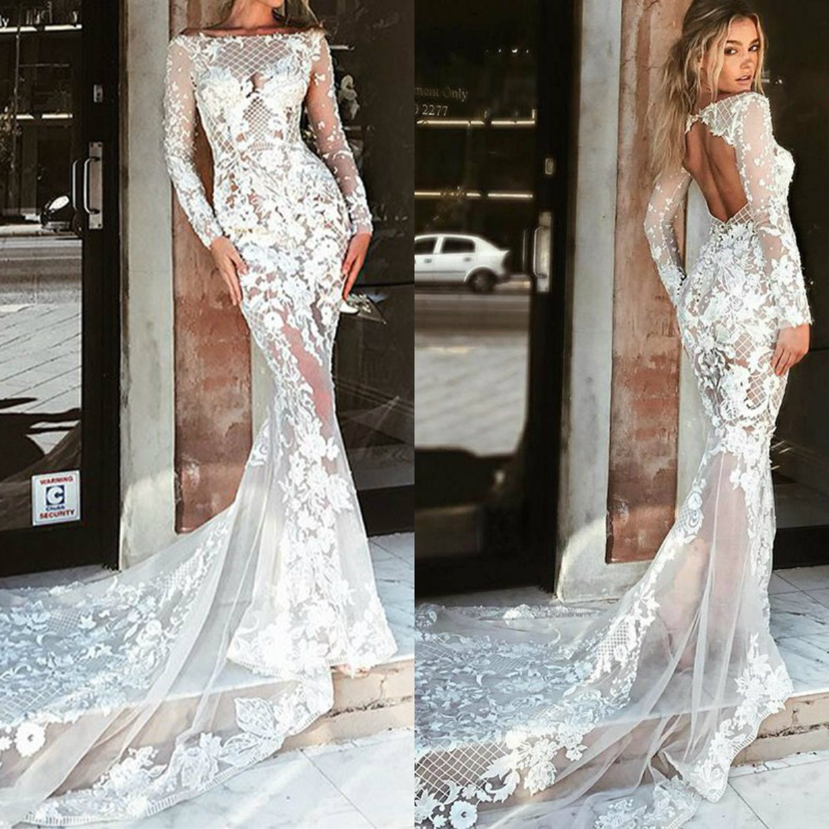 

2020 Lace Long Sleeve Wedding Dresses Appliqued Illusion Sweep Train Boho Wedding Dress Sweep Train Hollow Back Beach Robes De Mariée, Brown