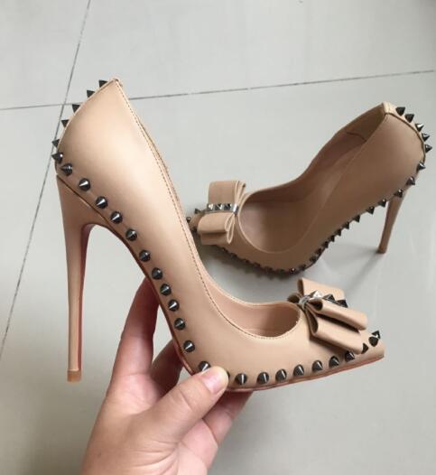 

Fashion Nude Sheep Pattern Butterfly Riveted Studded High Heel Shoes Women's 12cm Stiletto Heel Pointed Toes Shoe Sexy Party Dress Shoes, Black