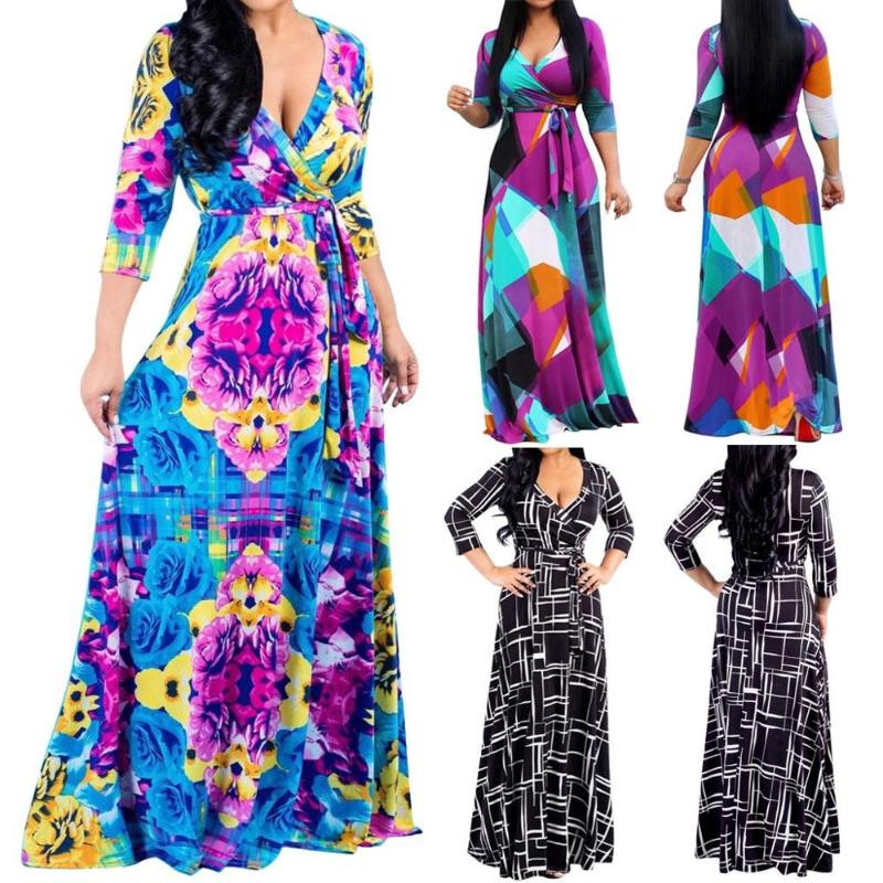 

Fashion Women Casual Print Three Quarter V-Neck Bandage Loos Long Dress, Black