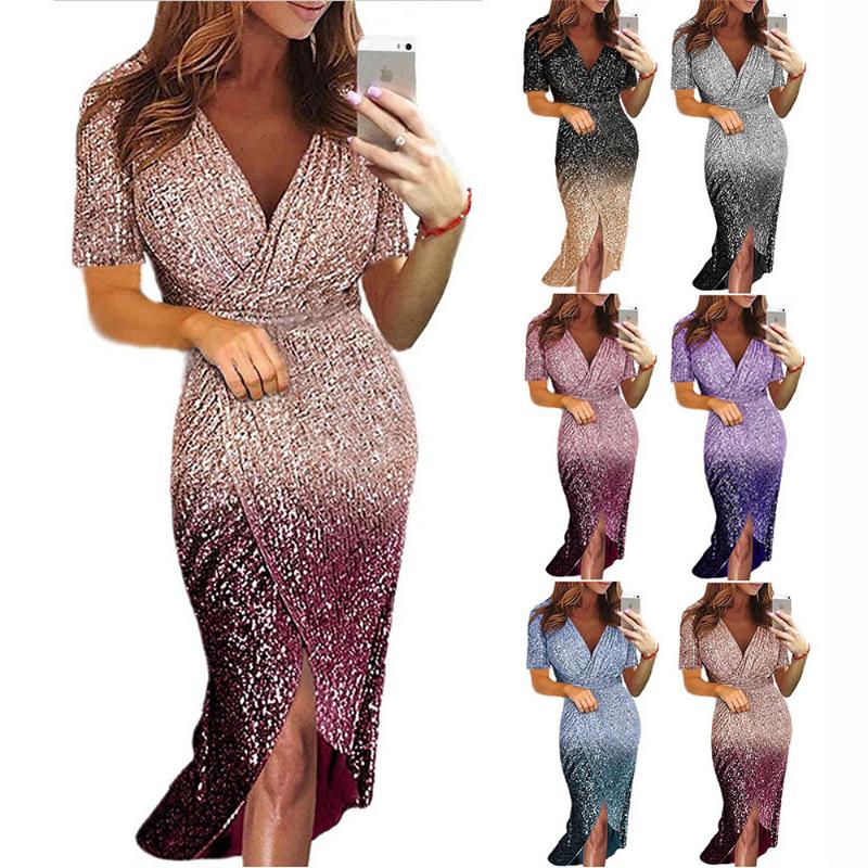 

2020 WOMEN' Dress Europe And America Long Dress Short Sleeve Gradient Color Sequin Dinner, Black