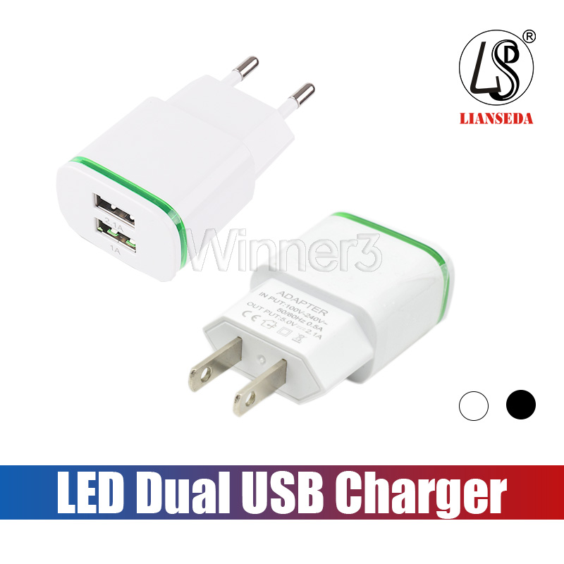 

Wall Charger Cool LED Dual USB Charger Ports Home Travel Power Adapter 5V 2.1A + 1A AC US EU Plug For Samsung Huawei