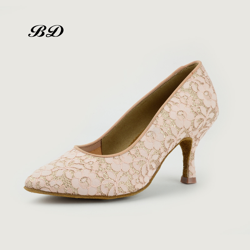 

TOP BD Dance Shoes Modern Woman Ballroom Shoes Adult Soft Bottom National Standard Friendship Tango Latin 104-B Lace Pink BAGS, Lace pink heel 75mm