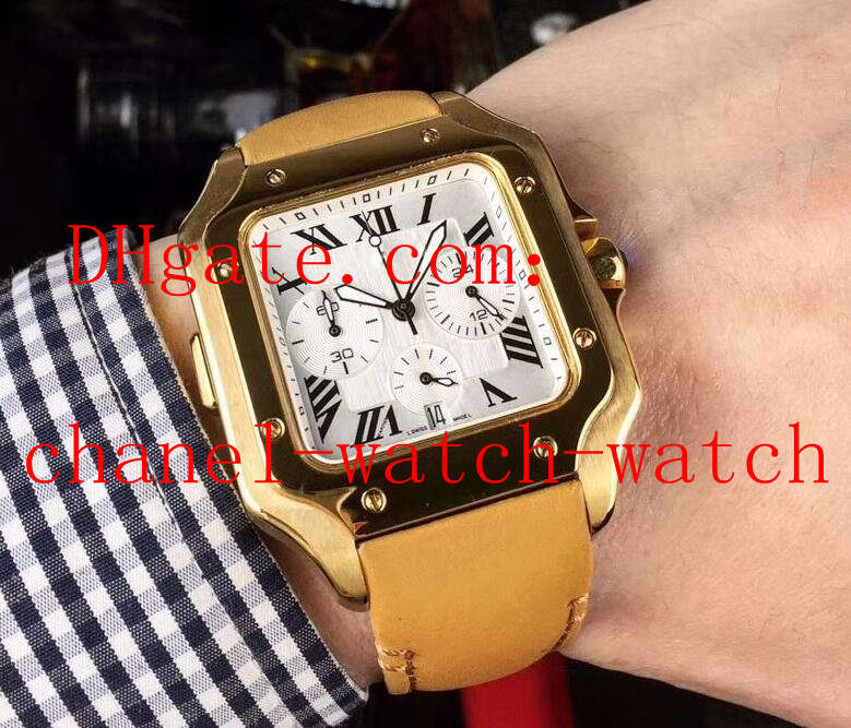 

Free Shipping 100 XL 40mm Japan Multi-Function Chronograph Quartz Movement Men's Watches 18k Yellow Gold Men's WristWatches Leather Strap, Customize