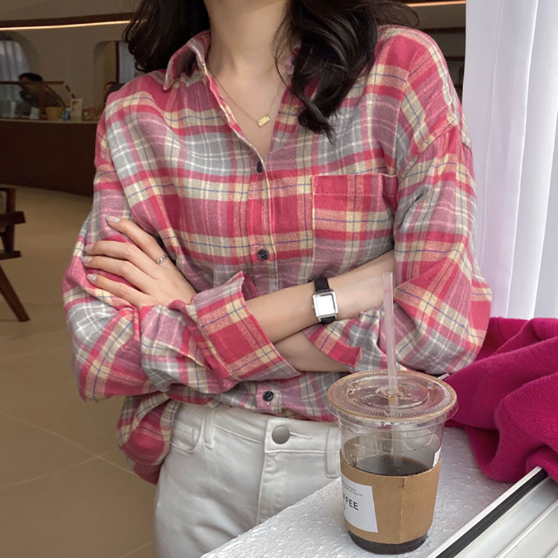 

Spring Nice Cute Color Plaid Shirt Women Top Long Sleeve Blouse Chemise Femme Chemisier Blusa Mujer Camisa, Brown