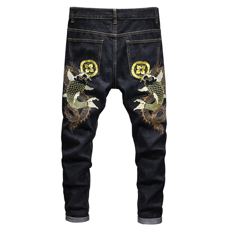

Sokotoo Men's carp embroidery black slim pencil jeans High fashion denim pants