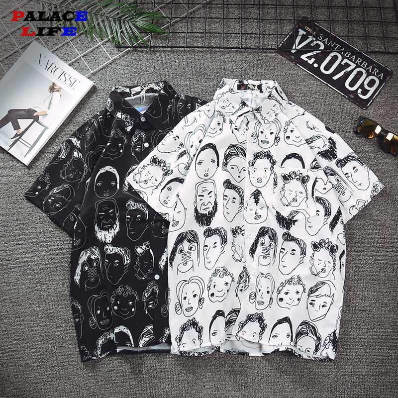 

2020 Summer Men Hip Hop Shirt Streetwear Men Hawaiian Shirts Abstract human head Harajuku Summer Beach Shirt Casual Tops, Black