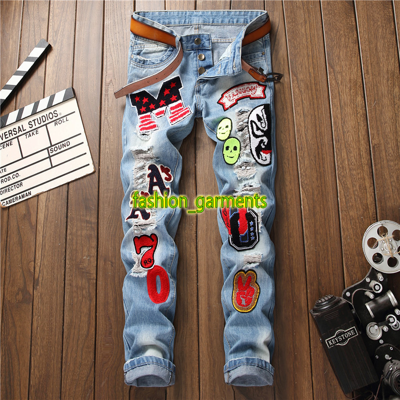 

New Fashion stylist Jeans Mens Slim Non-elastic Trousers Men Letter Badge Hole Straight Jeans Fashion Trend Jeans Blue, Blue #032