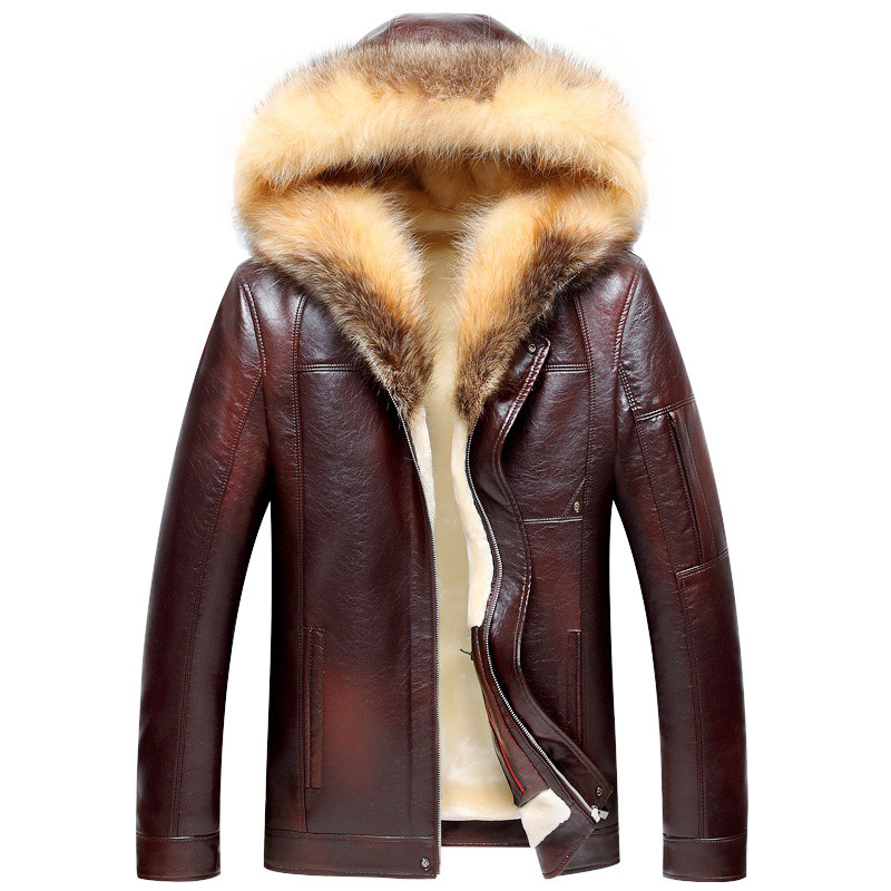 VSD Nouveau hiver épaississant Cuir Veste en cuir Hommes Raccoon Col à capuchon Cuir Vestes et manteaux Casual Long Veste coupe-vent homme