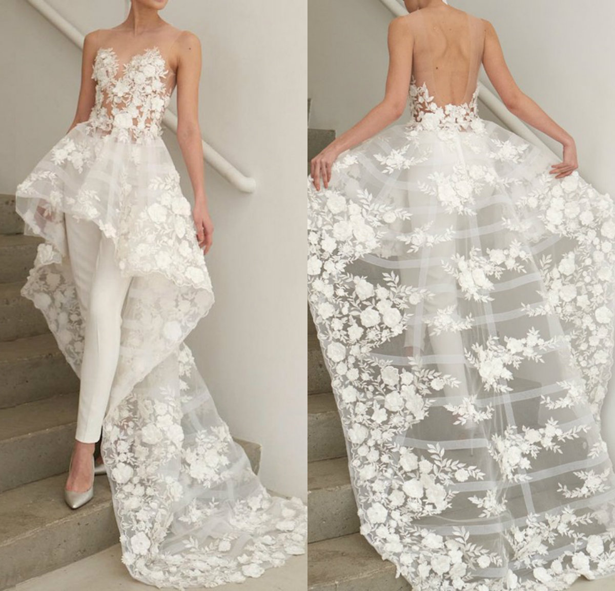 

2020 Chic Bohemia Wedding Dresses Two Pieces Pant Sheer Jewel Neck Tulle Lace Applique Beach Bridal Gowns Sweep Train Boho Wedding Dress, Light sky blue