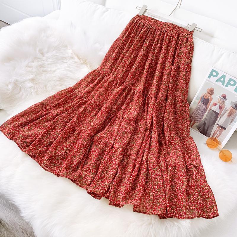 

Ladies Elegant Floral Skirt Summer High Waist Layered Stitching Midi Skirt Women Boho Beach V179, Red
