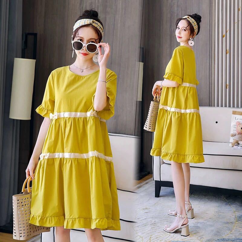 

2020 New Summer Pregnant Women Casual Loose Short Sleeve Ruffles Midi Dress Maternity Round Neck Hot Dresses Vestido H38, Yellow