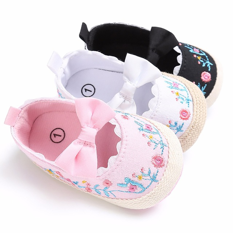 

Toddler Newborn Baby Crib Shoes Bow Embroidery Princess Baby Soft Sole Anti-Slip Prewalker For Baby Girls First Walk, Black