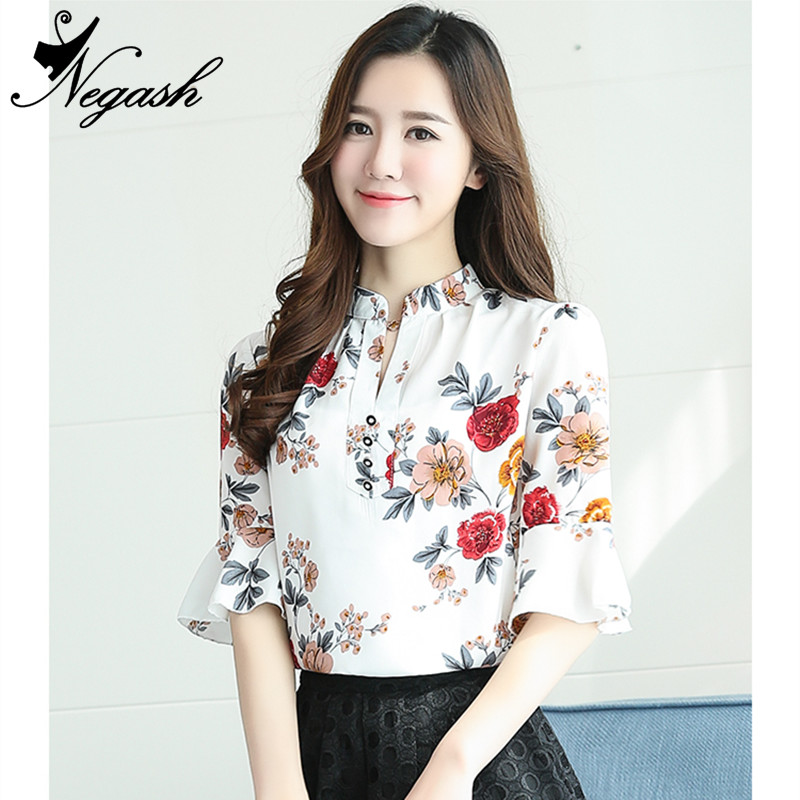 

2018 Brand spring summer Women Elegant Chiffon Blouses ladies ruffles Stand qualities Floral Shirts blusa vetement femme new, As pic wide strip