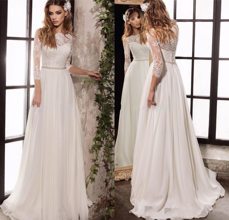 

2020 Long Sleeves Lace Wedding Dresses scallop neck New Simple Elegant Wedding Gowns Bohemian bridal gowns with 3/4 Sleeves buttons, Daffodil