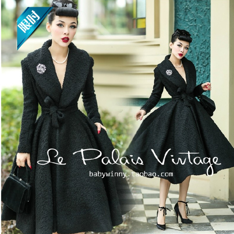 

40- le palais vintage women 50s pinup long swing wool coat in black plus size manteau d'hiver rockabilly femme abrigos mujer