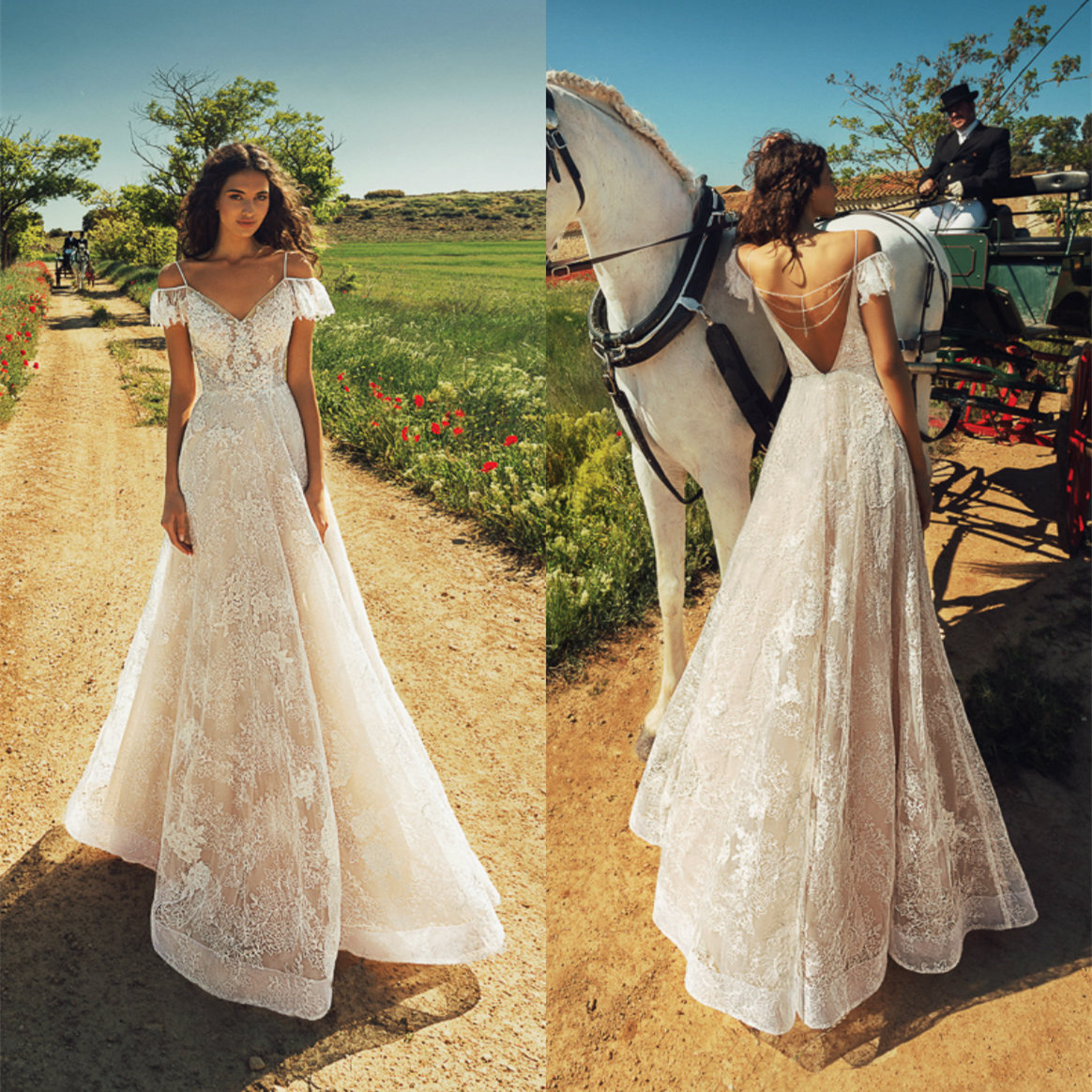 

2020 A Line Wedding Dresses Spaghetti Straps Capped Sleeves Applique Lace Wedding Dress Backless Sweep Train Bridal Gowns robe de mariée, Pink