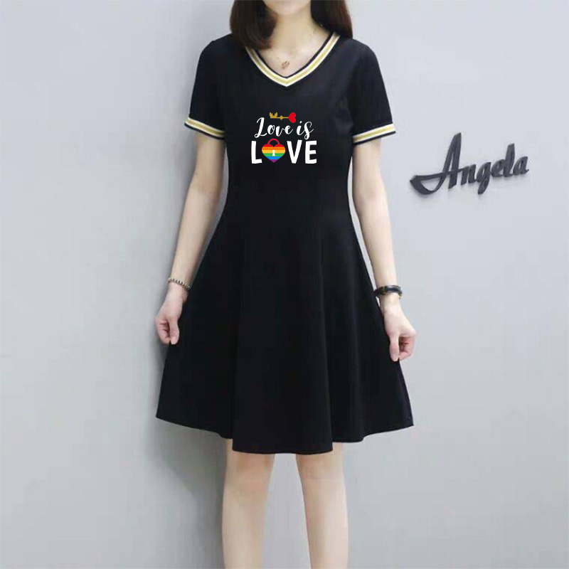 

Womens DIY Dresses for Summer with Printed Fashion V-Neck Women Dress Casual Ladies DIY Clothing Black Color Size -3XL