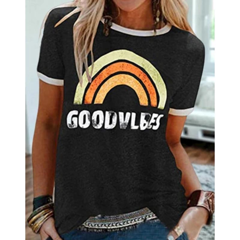

Women Summer Letters Rainbow Printing Short Sleeve Shirt Round neck GOOD T shirt ladies Casual Mid-length Tunic Tops, Black