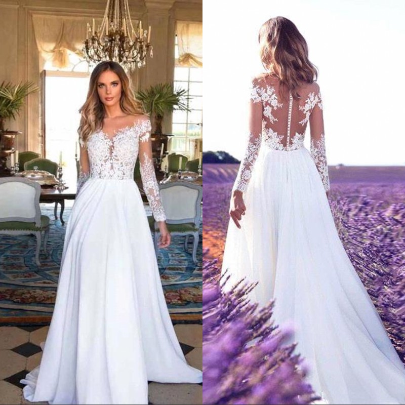 

Long Sleeves Lace Wedding Dresses A Line Chiffon Floor Length Sheer Neck and Back Country Boho Bridal Gowns, Ivory