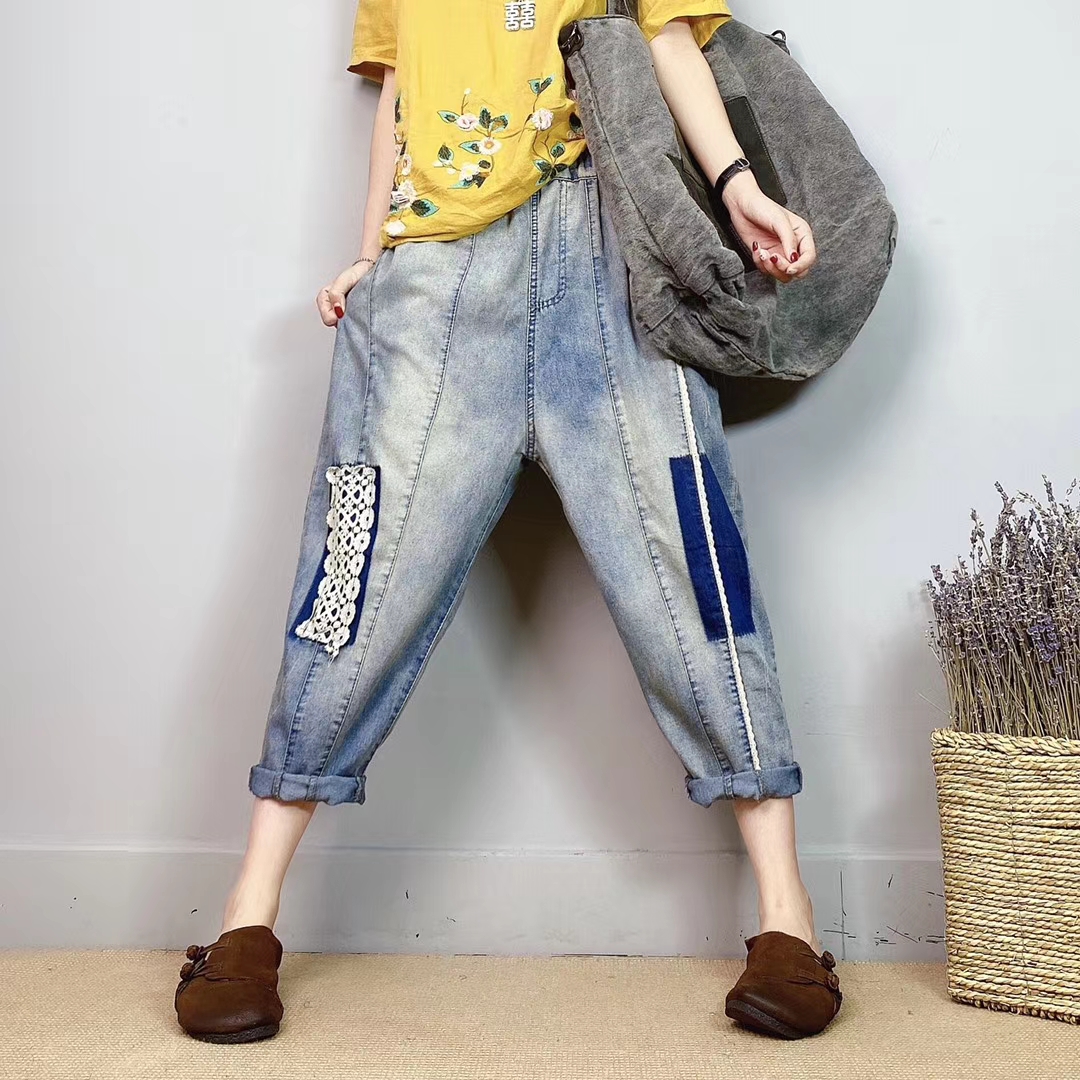 

Violet Female Embroidery Painting Elastic Waist High Waist Jeans Bk4768
