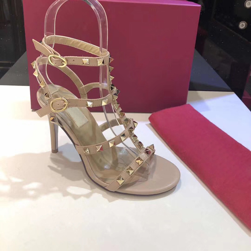 

Newest design Stud Sandals Women Leather High Heels summer shoes Ladies Sexy High Heels 9.5cm Fashion rivets shoes, Black