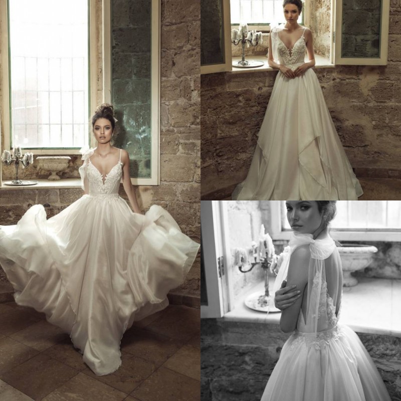 

2020 Gogerous A Line Wedding Dresses Spaghetti Bow Beads Appliques Tiers Chiffon Wedding Gowns Sweep Train Vestidos De Novia, Silver