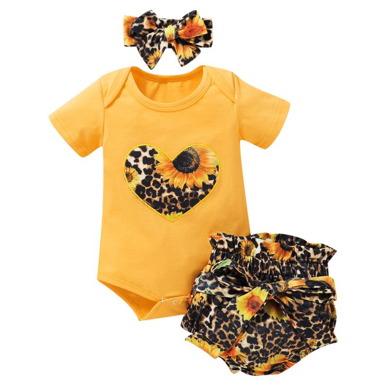 

Baby Summer Clothes 0-18M Newborn Infant Baby Girls 3Pcs Set Heart Bodysuits Tops Leopard Sunflower short Headband 0-18M, As pic