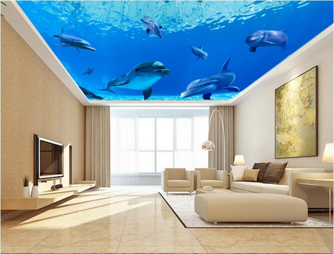 

3d ceiling murals wallpaper custom photo Blue fantasy underwater world dolphin living room home decor 3d wall murals for walls 3 d, Non-woven